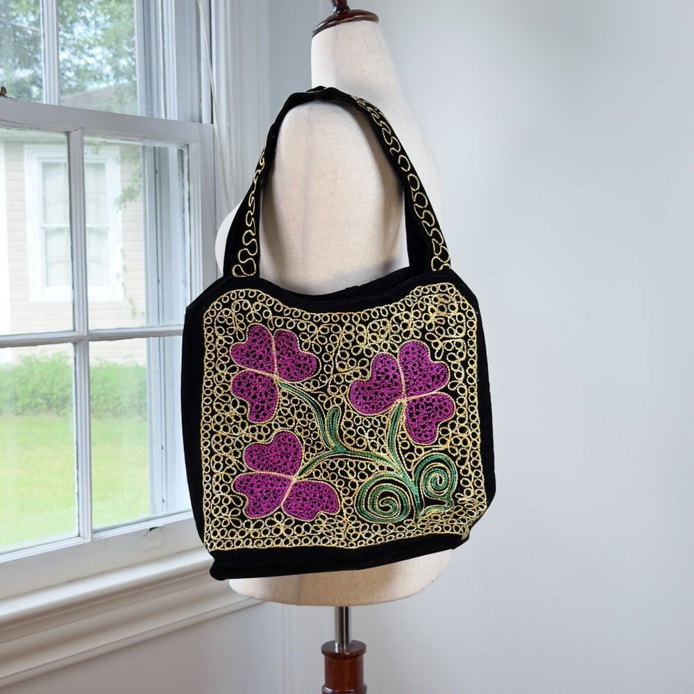 Whimsigoth Floral Gold Embroidered Purple Flower Black Velvet Tote Bag Metallic